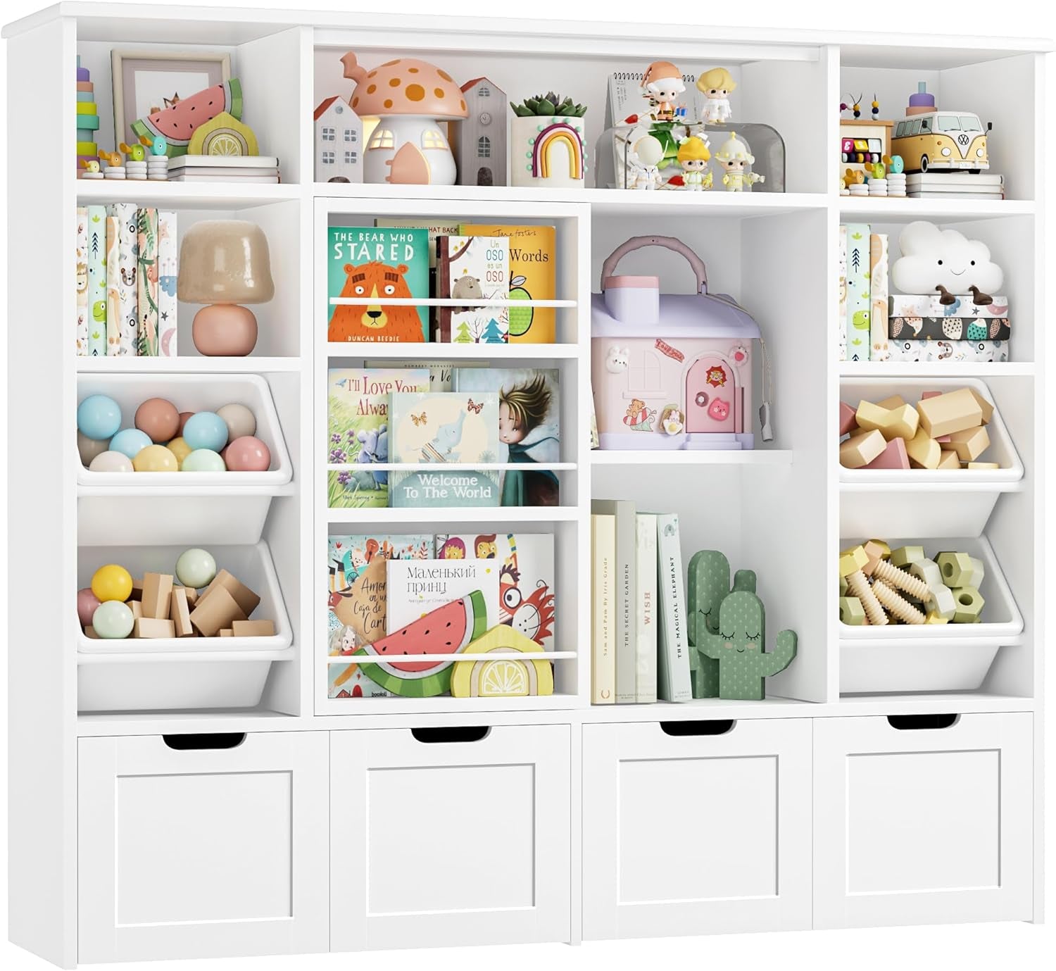 55.1’’ W Toy Storage with Sliding Bookshelf, Large Toy Organizer Kids Bookshelf with 4 Movable Drawers and 4 Storage Bins, Toy Bins for Kids Organizer Playroom Storage for Kid Room, White