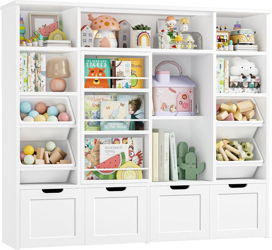 55.1’’ W Toy Storage with Sliding Bookshelf, Large Toy Organizer Kids Bookshelf with 4 Movable Drawers and 4 Storage Bins, Toy Bins for Kids Organizer Playroom Storage for Kid Room, White