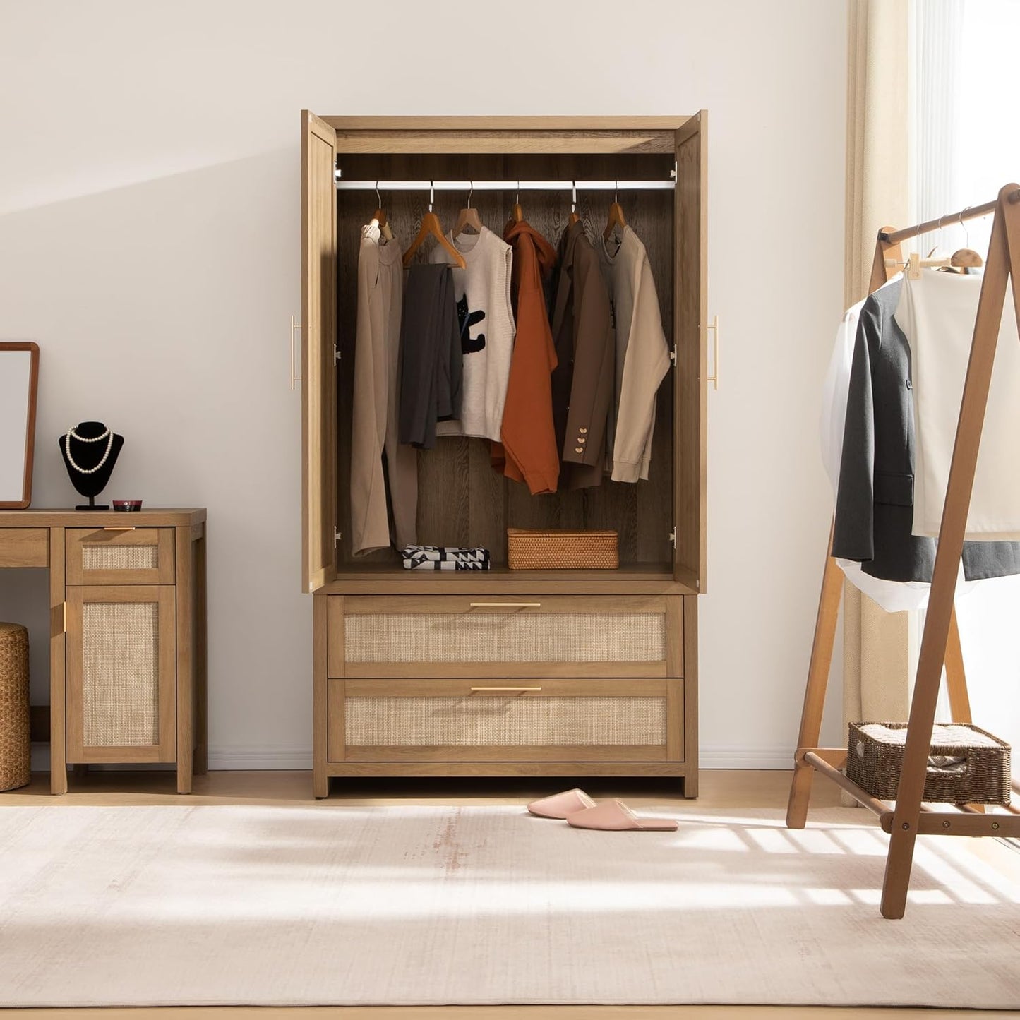 Rattan Armoire Wardrobe Closet Cabinet, 71" Tall Wardrobe Storage Cabinet with Doors, Larger Drawers and Hanging Rod, Boho Armoire Clothes Organizer for Bedroom, Laundry Room, Cloak Room, Oak