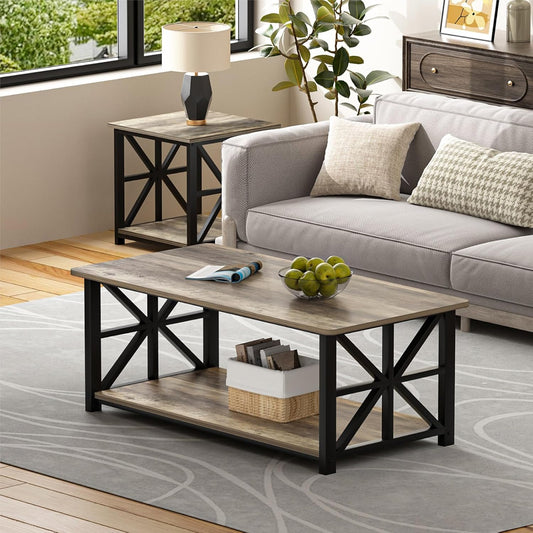 Coffee Table for Living Room with round Corners Farmhouse Style Center Table with Storage Shelf 39 Inch Space Saving Easy Assembly Gray Wash