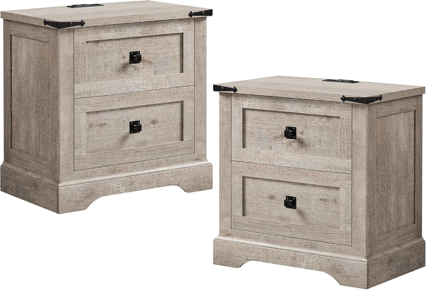 24" Farmhouse Nightstand with Charging Station Set of 2, Large End Table with 2 Storage Drawers, Rustic Wood Sofa Bedside Table for Bedroom, Light Rustic Oak