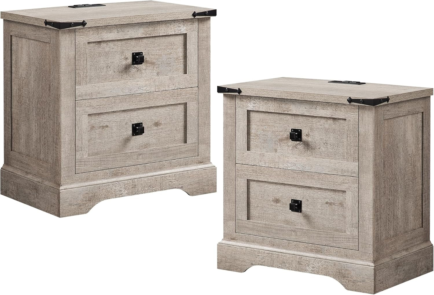 24" Farmhouse Nightstand with Charging Station Set of 2, Large End Table with 2 Storage Drawers, Rustic Wood Sofa Bedside Table for Bedroom, Light Rustic Oak