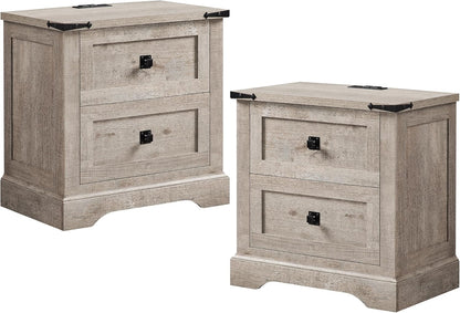 24" Farmhouse Nightstand with Charging Station Set of 2, Large End Table with 2 Storage Drawers, Rustic Wood Sofa Bedside Table for Bedroom, Light Rustic Oak