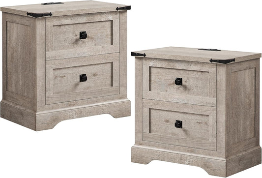 24" Farmhouse Nightstand with Charging Station Set of 2, Large End Table with 2 Storage Drawers, Rustic Wood Sofa Bedside Table for Bedroom, Light Rustic Oak