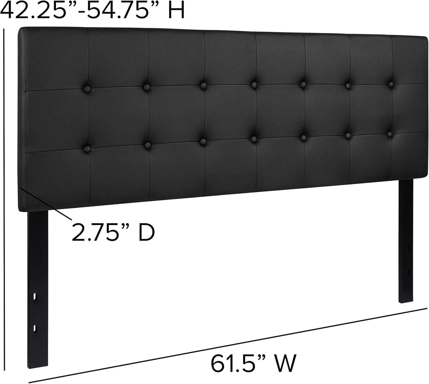 Lennox Adjustable Height Button Tufted and Box Stitch Upholstered Queen Size Headboard in Black Vinyl