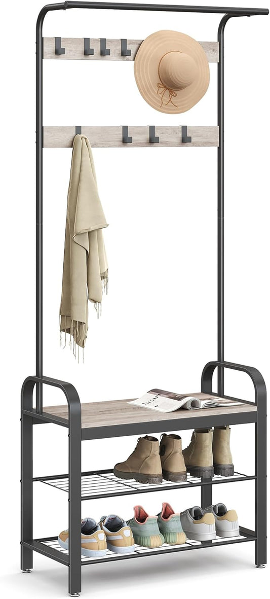 Coat Rack, Hall Tree with Shoe Bench for Entryway, Entryway Bench with Coat Rack, 4-In-1, with 9 Removable Hooks, a Hanging Rod, 13.3 X 28.3 X 72.1 Inches, Greige and Black UHSR40MB