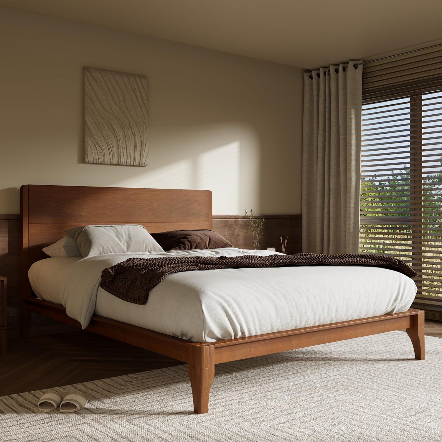 Queen Size Bamboo Platform Bed, Mid-Century Modern Bed Frame with Tall Headboard, Solid Sustainable Bedframe Queen-Size, Wood Slat Support, No Box Spring Needed, Easy Assembly, Noise Free, Brown