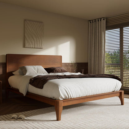 Queen Size Bamboo Platform Bed, Mid-Century Modern Bed Frame with Tall Headboard, Solid Sustainable Bedframe Queen-Size, Wood Slat Support, No Box Spring Needed, Easy Assembly, Noise Free, Brown