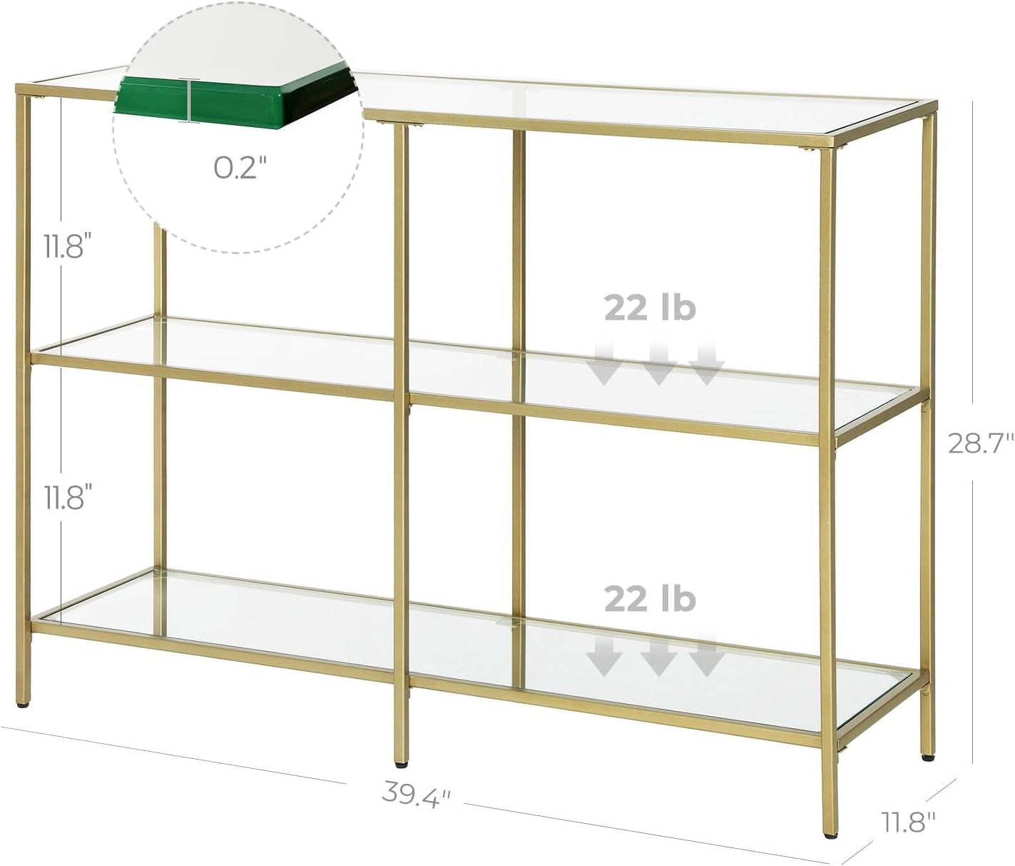 39.4 Inch Console Table with 3 Shelves, Set of 2 Sofa Tables, Modern Entryway Table, Metal Frame, Tempered Glass Shelf, Entryway Living Room Bedroom, Metallic Gold and Transparent ULGT999G01