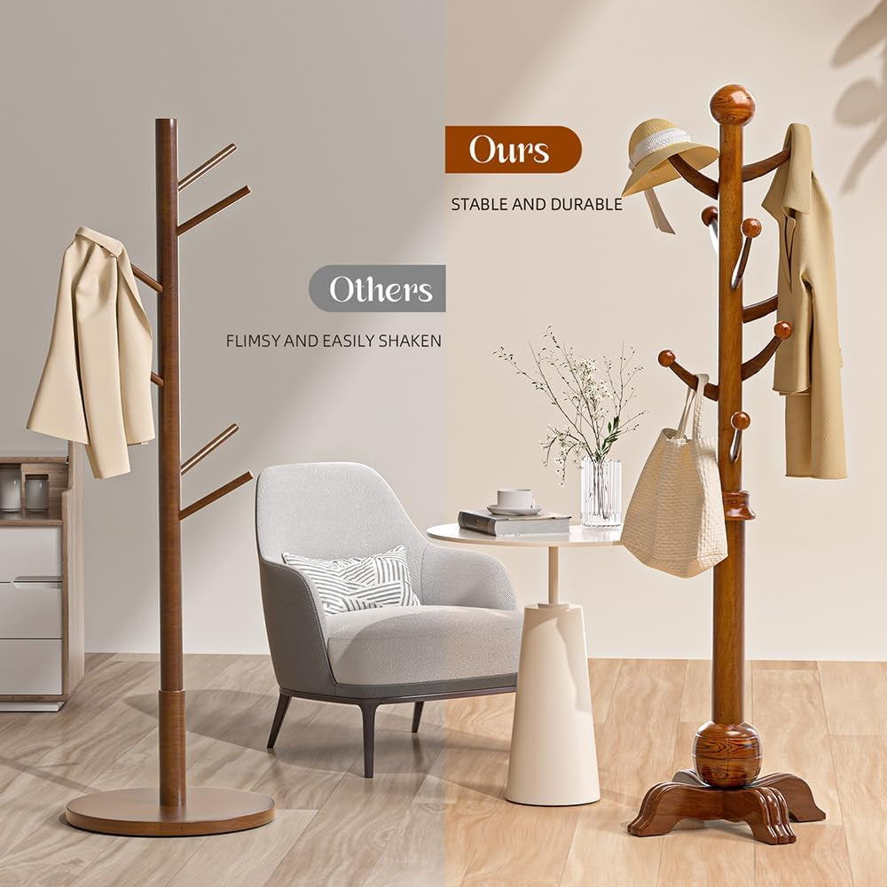 Hall Tree, Freestanding Wood Tree Rack with 7 Hooks, Coat Rack with Stable Sphere Base, Wooden Coat Rack Stand, Load 210 Lb, Coat Hanger Stand for Entryway, Hallway, Bedroom, H:72 In, Walnut