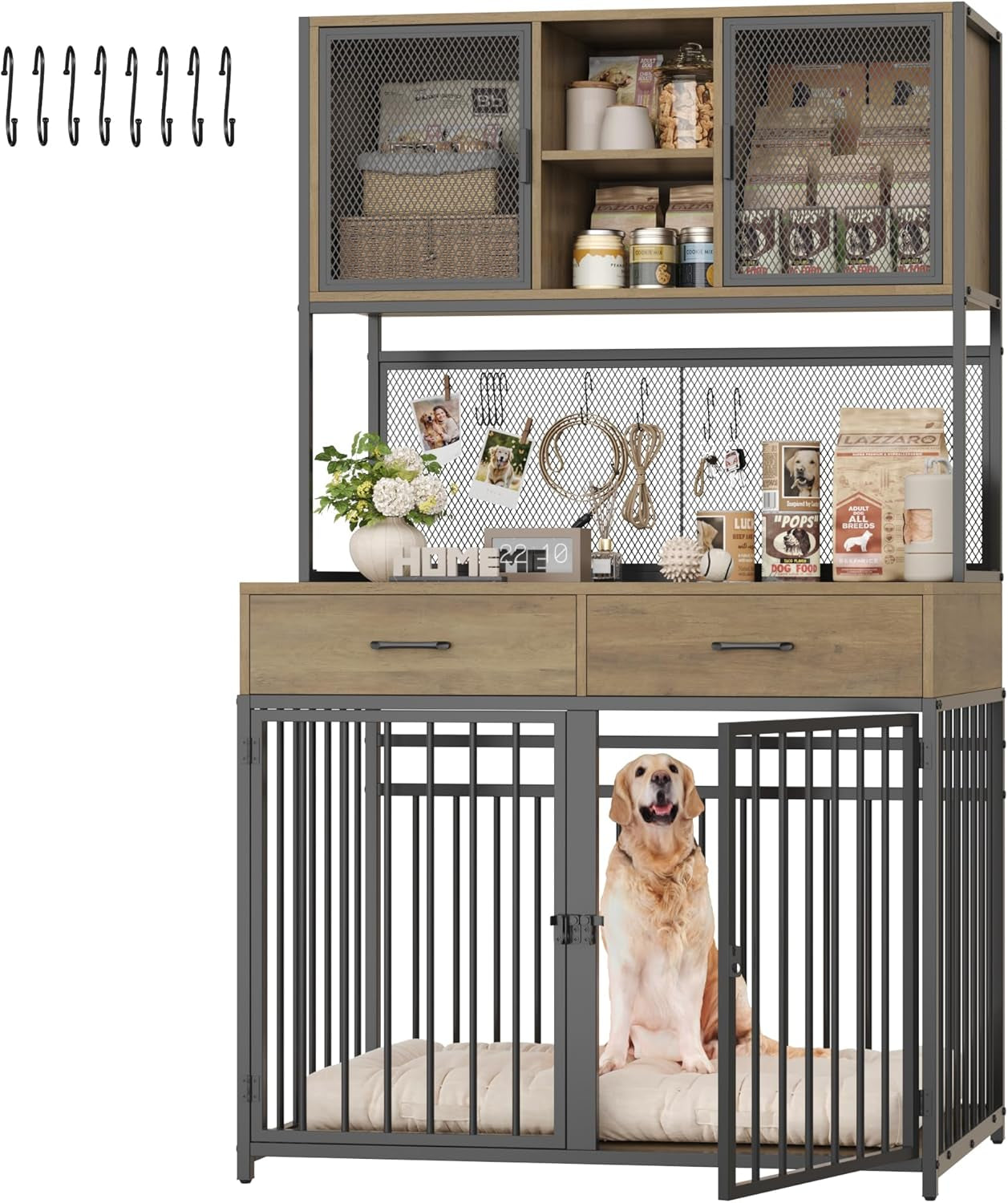 71" Tall Dog Crate Furniture, Indoor Dog Kennel with Hutch, 42" W Dog Cage for Large/Medium Dogs, Wood Dog Crates with 2 Storage Drawers, Heavy Duty Pet House, Rustic Brown