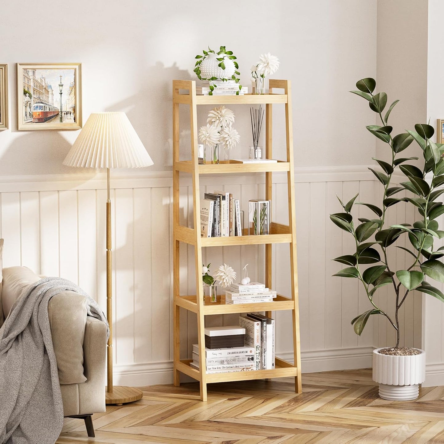 Bookshelf, 5 Tier Ladder Bookcase with Bamboo Frame, Freestanding Tall Narrow Display Plant Shelf for Living Room, Kitchen, Bedroom, Balcony, Natural