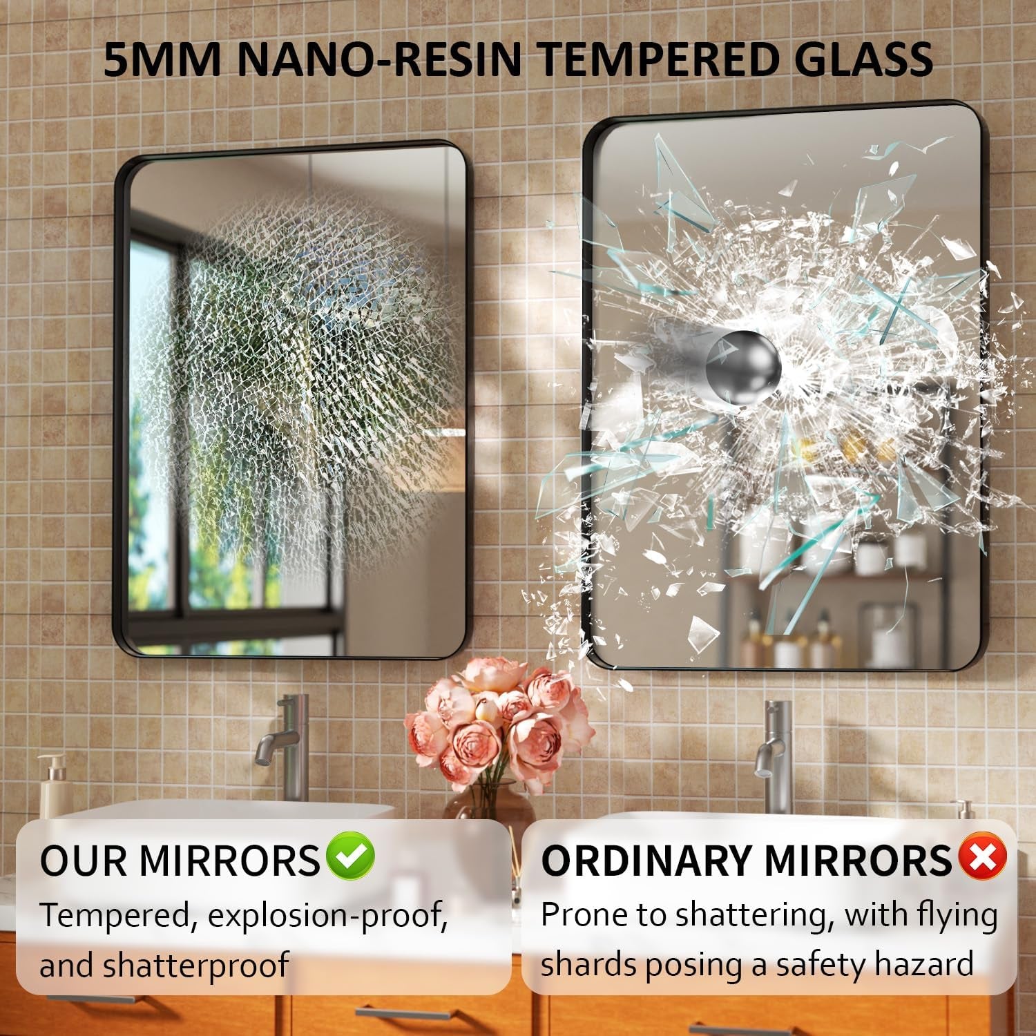 30×36 Framed Mirrors for Wall - Rectangle Black Vanity Mirror with Tempered Glass & Rounded Corners for Bathroom Sink, Bedroom, Hallway, Restroom, Rustproof Frame, Horizontal/Vertical, Modern