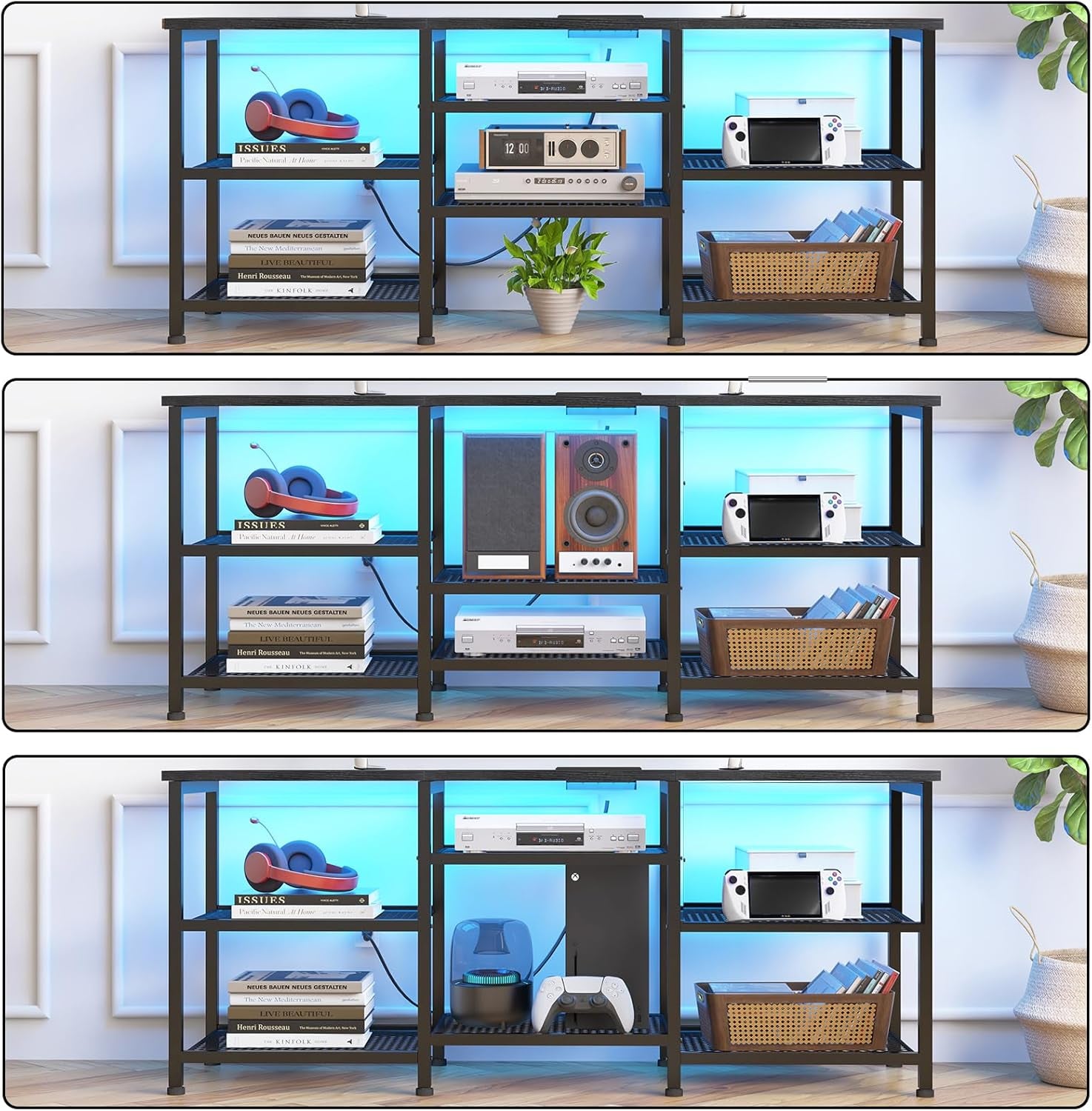 TV Stand for 55 Inch Tvs, Entertainment Center with Movable Shelf Panels, Power Outlet and LED Lights Open Storage Shelves, TV Media Console Table for Living Room and Bedroom, Black