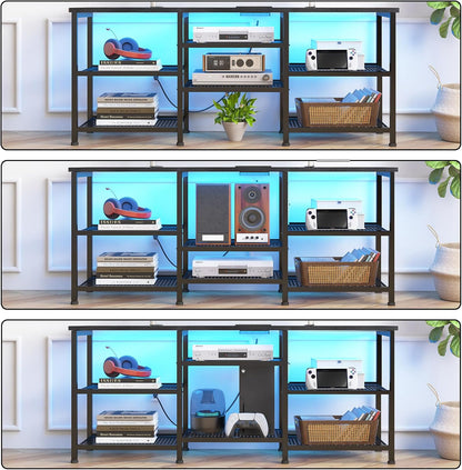 TV Stand for 55 Inch Tvs, Entertainment Center with Movable Shelf Panels, Power Outlet and LED Lights Open Storage Shelves, TV Media Console Table for Living Room and Bedroom, Black