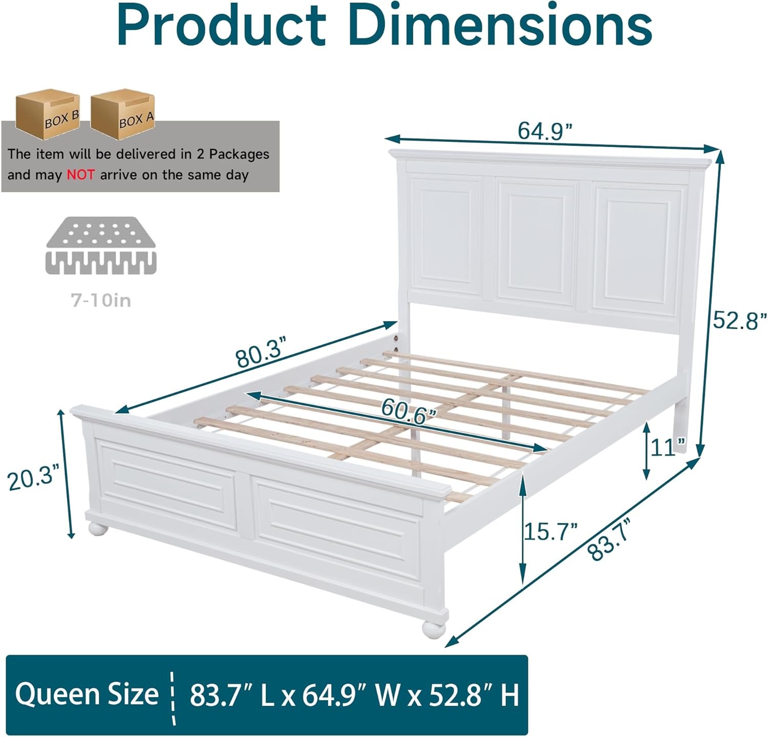 Farmhouse Queen Size Bed Frame with 52" Tall Headboard, Wood Platform Bed Frame with Footboard, Mid-Centery Queen Beds with Slats Support, No Box Spring Needed, White
