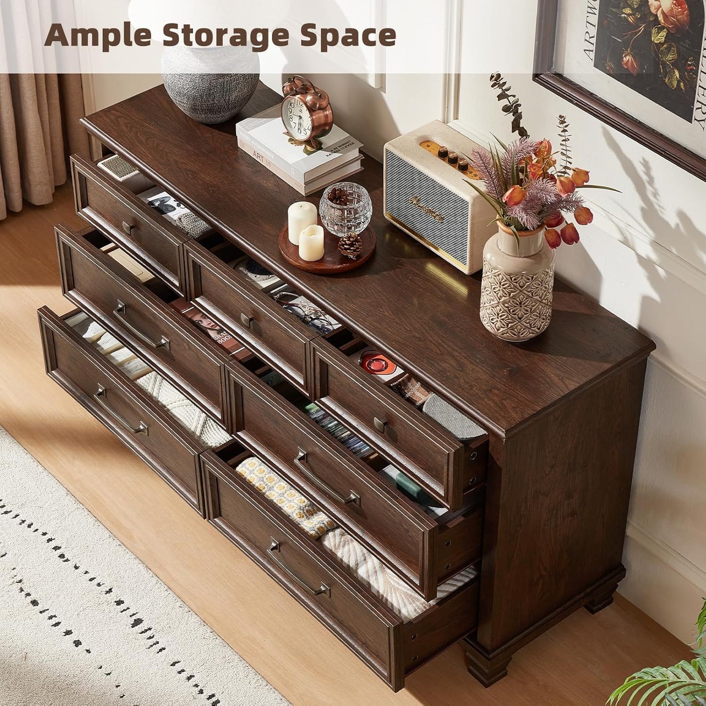Farmhouse Dresser and Nightstand Sets 4 Piece, 5/7 Drawer Dresser & 2 Drawer Nightstand Set, Rustic Wood Bedroom Furniture Set for Home, Bedroom, Hallway, Walnut
