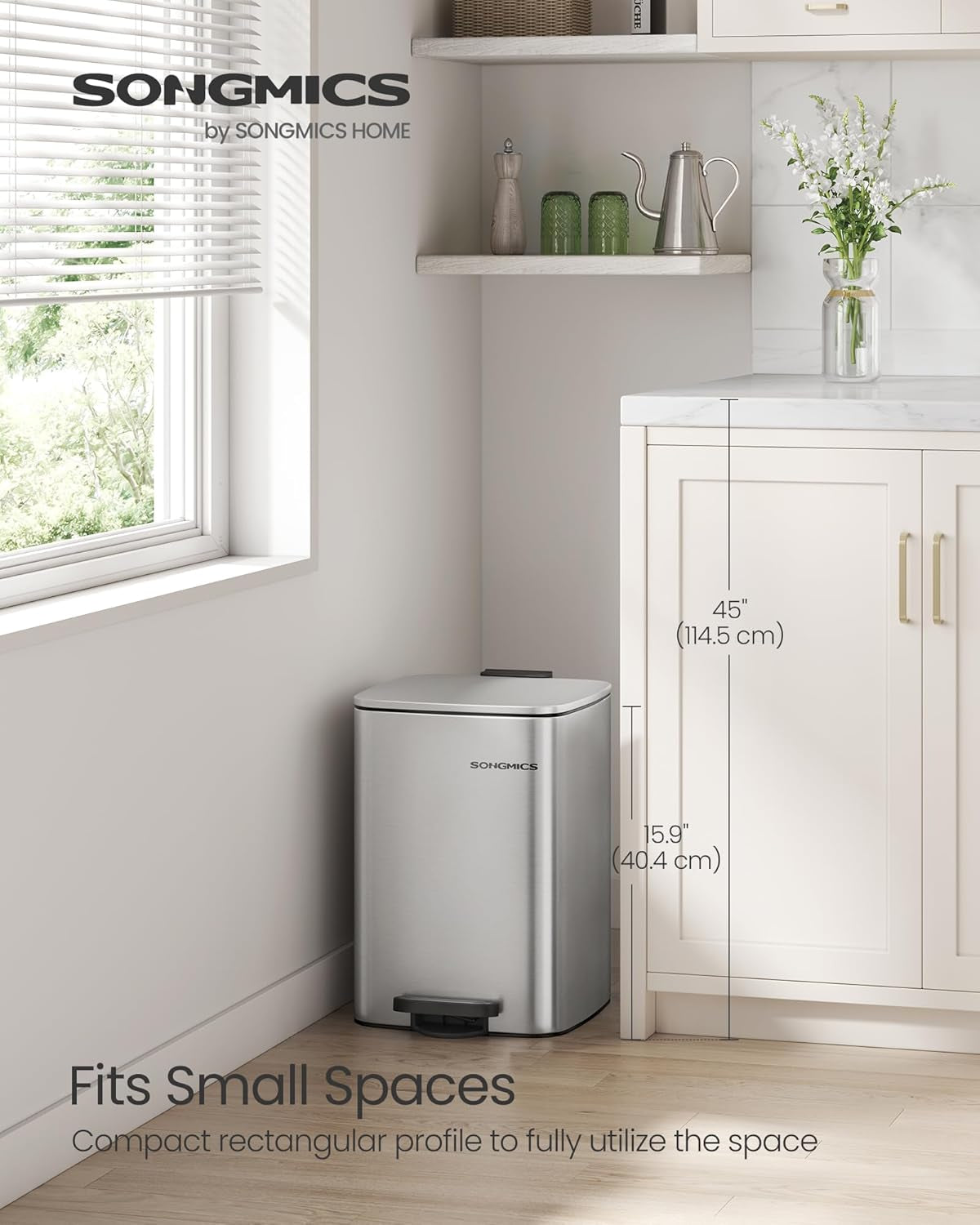 Kitchen Trash Can, 5.2-Gallon (20 L) Trash Bin, Stainless Steel Garbage Can, with Inner Bucket, Soft Close and Stays Open, Metallic Silver ULTB592E01