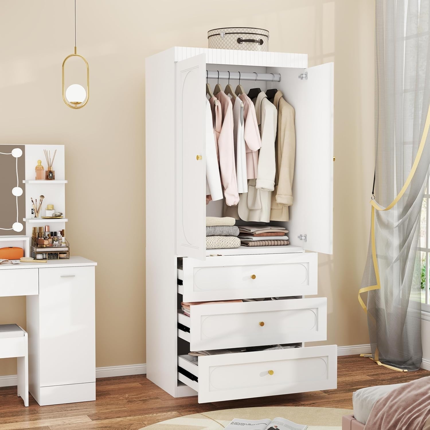 Wooden Wardrobe Closet with Doors: 75" Tall White Armoire Wardrobe Closet with 3 Drawers and 2 Doors, Modern Clothes Cabinets for Bedroom Armoires with Hanging Rod (3-Drawers, 31.5")