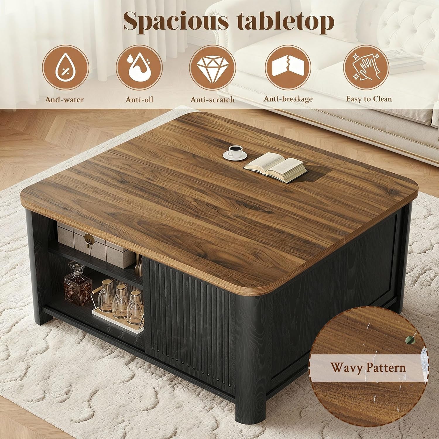 Lift Top Coffee Table with Storage, 31.5" Mid Century Modern Square Coffee Tables for Living Room, Large Hidden Storage Compartment, Adjustable Shelves & Sliding Door, Black