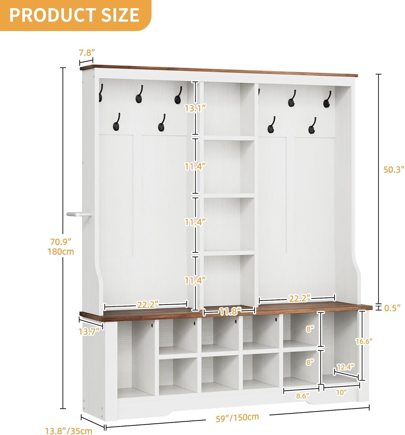 59" Wide Hall Tree with Bench and Storage for Hallway Entryway, 10 Shoe Cubbies & 10 Coat Hooks, 4-Tier of Center Storage Open Cabinets, Coat Rack with Space for Bedroom Living Room (White)