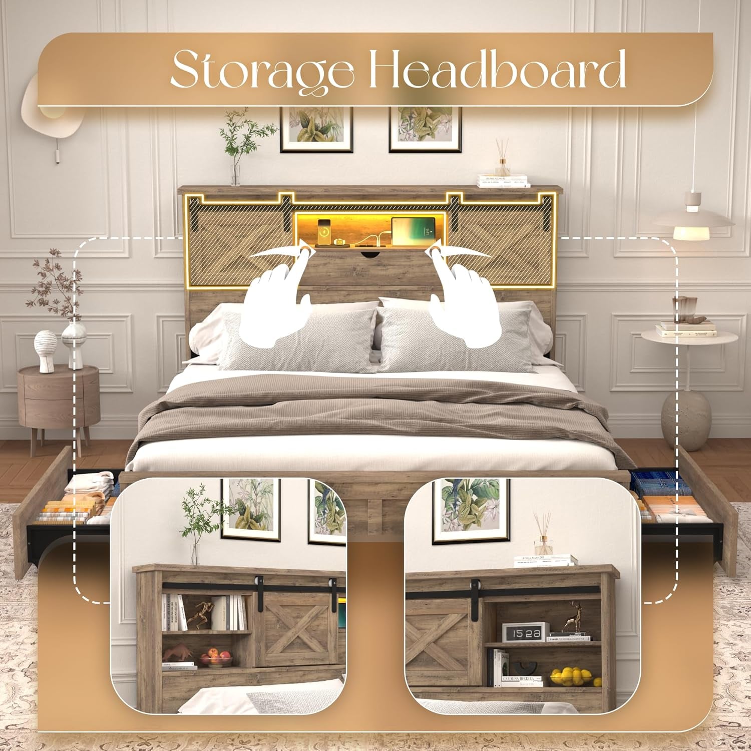 Farmhouse Queen Size Bed Frame with Storage Bookcase Headboard, Wooden Bed with LED Lights, Charging Station, 2 Drawers, Rustic Bed Frame with Sliding Barn Door for Bedroom (Grey Oak, Queen)