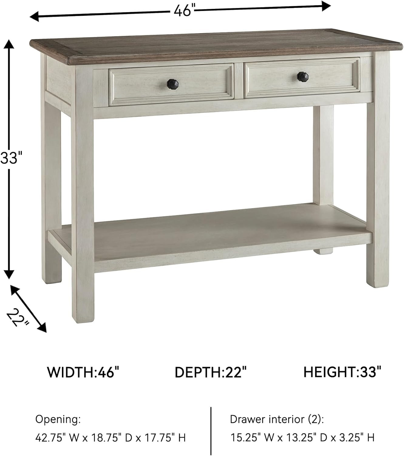 Bolanburg Sofa Table, Two‑Tone Wood Console with Drawers, Antique Finish with Metal Hardware, Ideal for Entryway or Living Room Display, Antique White