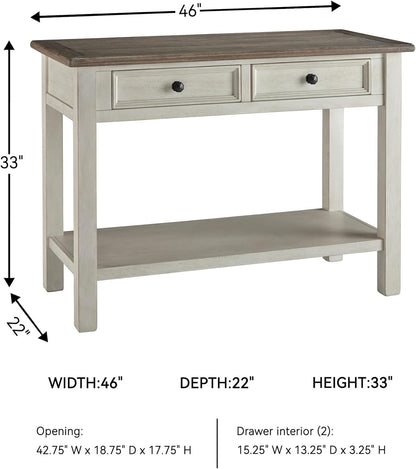 Bolanburg Sofa Table, Two‑Tone Wood Console with Drawers, Antique Finish with Metal Hardware, Ideal for Entryway or Living Room Display, Antique White