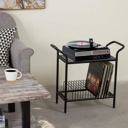 Modern Matte Black Metal Record Player Holder Stand with Vinyl Storage Organizer, Premium Quality 2 Tier Turntable Display Table Rack