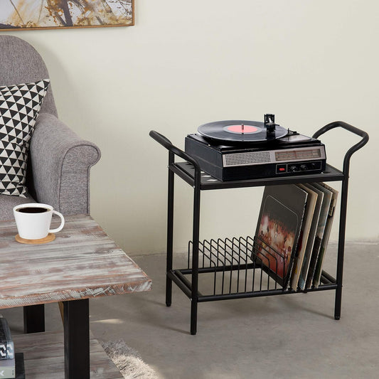 Modern Matte Black Metal Record Player Holder Stand with Vinyl Storage Organizer, Premium Quality 2 Tier Turntable Display Table Rack