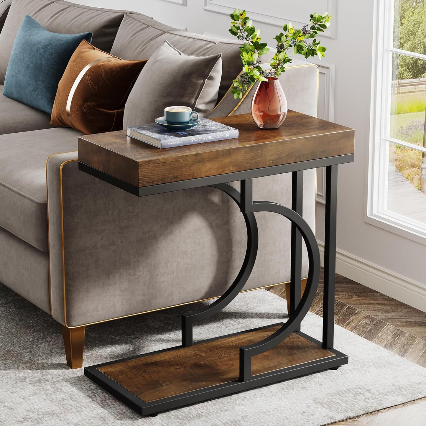 Narrow Side Table Brown Black C Shaped End Table Modern Bedside Tables for Couch, Small Sofa Tables with Metal Frame for Living Room (1, Brown+Black)