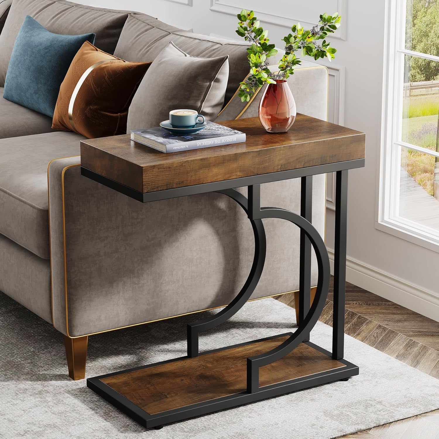 Narrow Side Table Brown Black C Shaped End Table Modern Bedside Tables for Couch, Small Sofa Tables with Metal Frame for Living Room (1, Brown+Black)