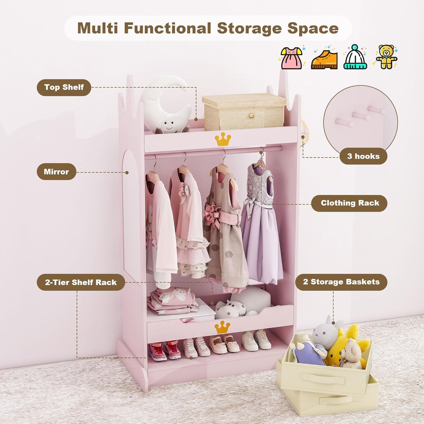 Kids Dress up Storage with Mirror, Kids Open Hanging Armoire & Costume Storage Dresser, Costumes Wardrobe Closet for Bedroom, Nursery, Preschool, Pink