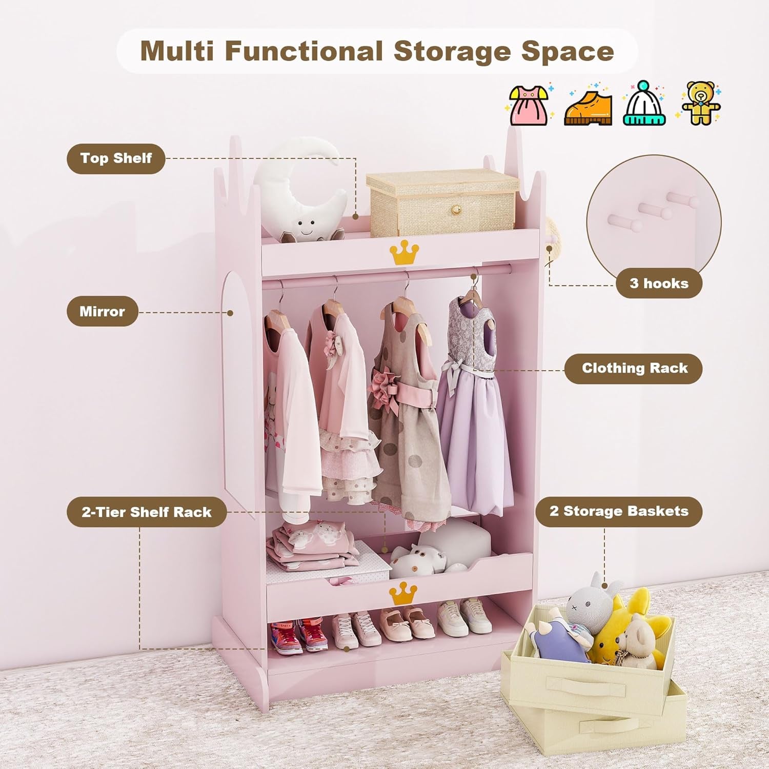 Kids Dress up Storage with Mirror, Kids Open Hanging Armoire & Costume Storage Dresser, Costumes Wardrobe Closet for Bedroom, Nursery, Preschool, Pink