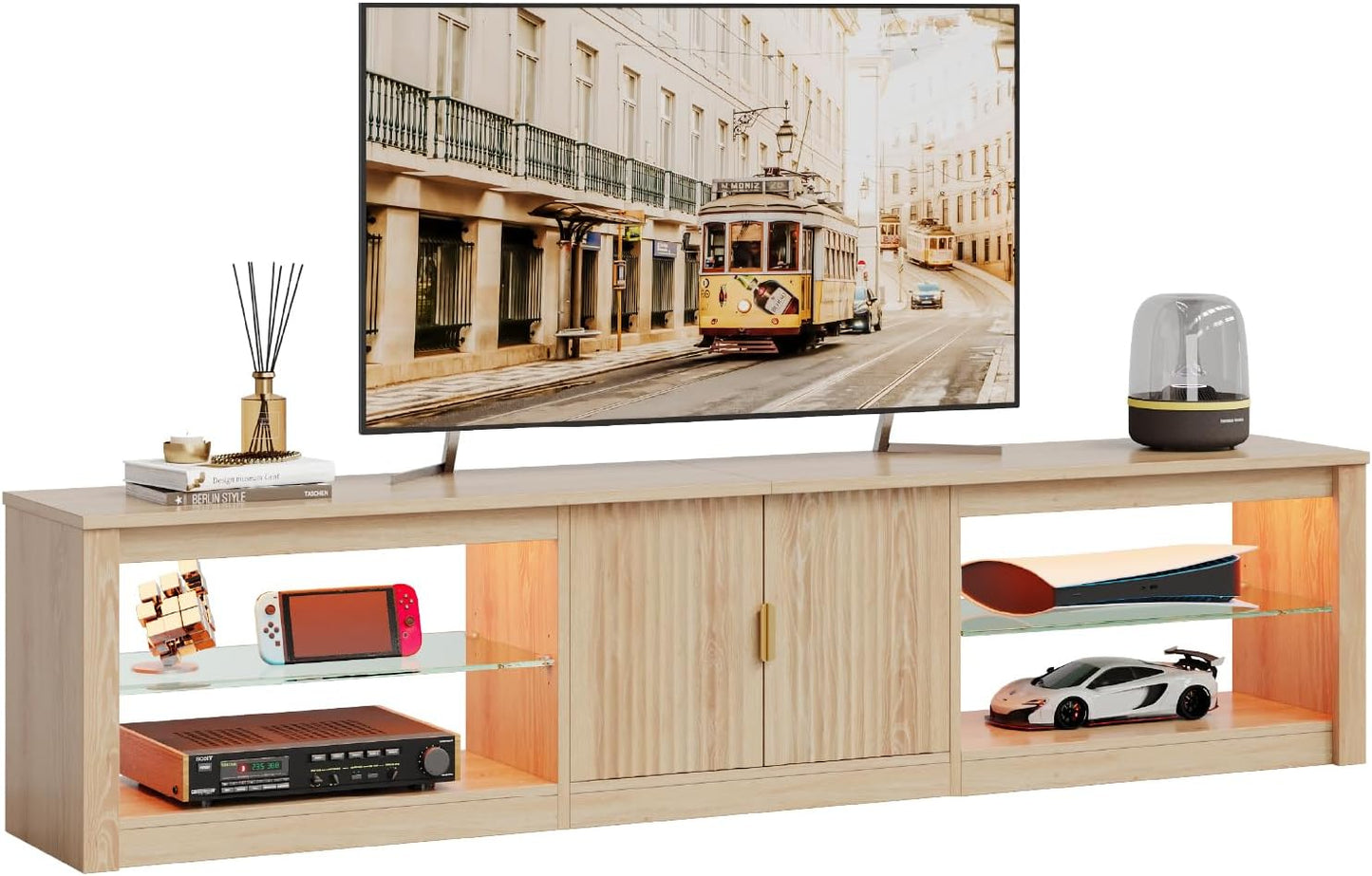 80 Inch TV Stand for 75/85/90 Inch Tvs, LED Entertainment Center with Fluted Storage Cabinet & Adjustable Shelves, Modern Farmhouse Wooden TV Console for Living Room Bedroom, Natual Oak