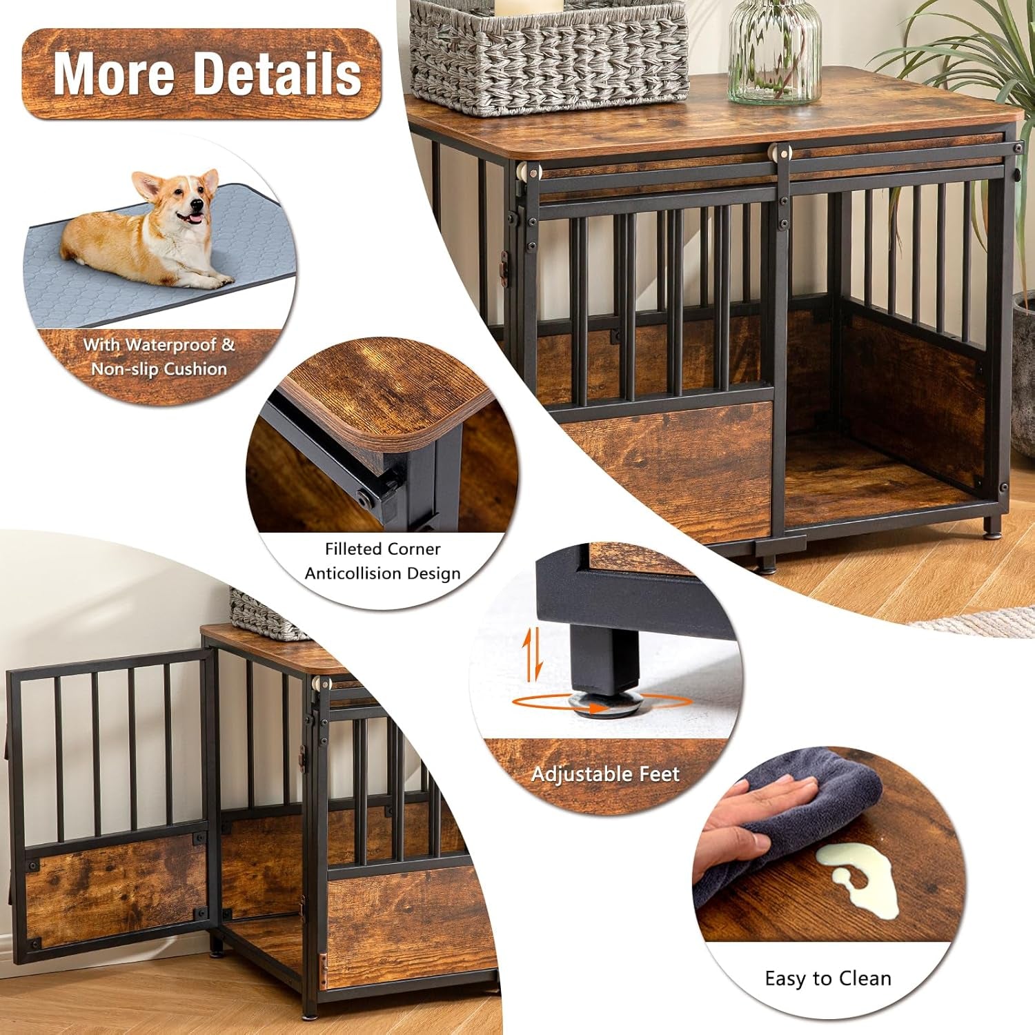 43.7" Inch Dog Crate Furniture with Cushion for Large Dogs, Wooden Heavy Duty Dog Kennel with Double Doors Indoor, Decorative Pet House Dog Cage Side End Table, Rustic Brown