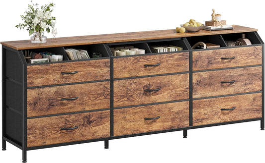 63 Inch Long Dresser for Bedroom, Large Open Storage Drawers, Dresser for Closet with 9 Fabric Drawers, TV Stand for 55, 65, 70 Inch TV, 63" W X 13.7" D X 26.7" H, Rustic Brown