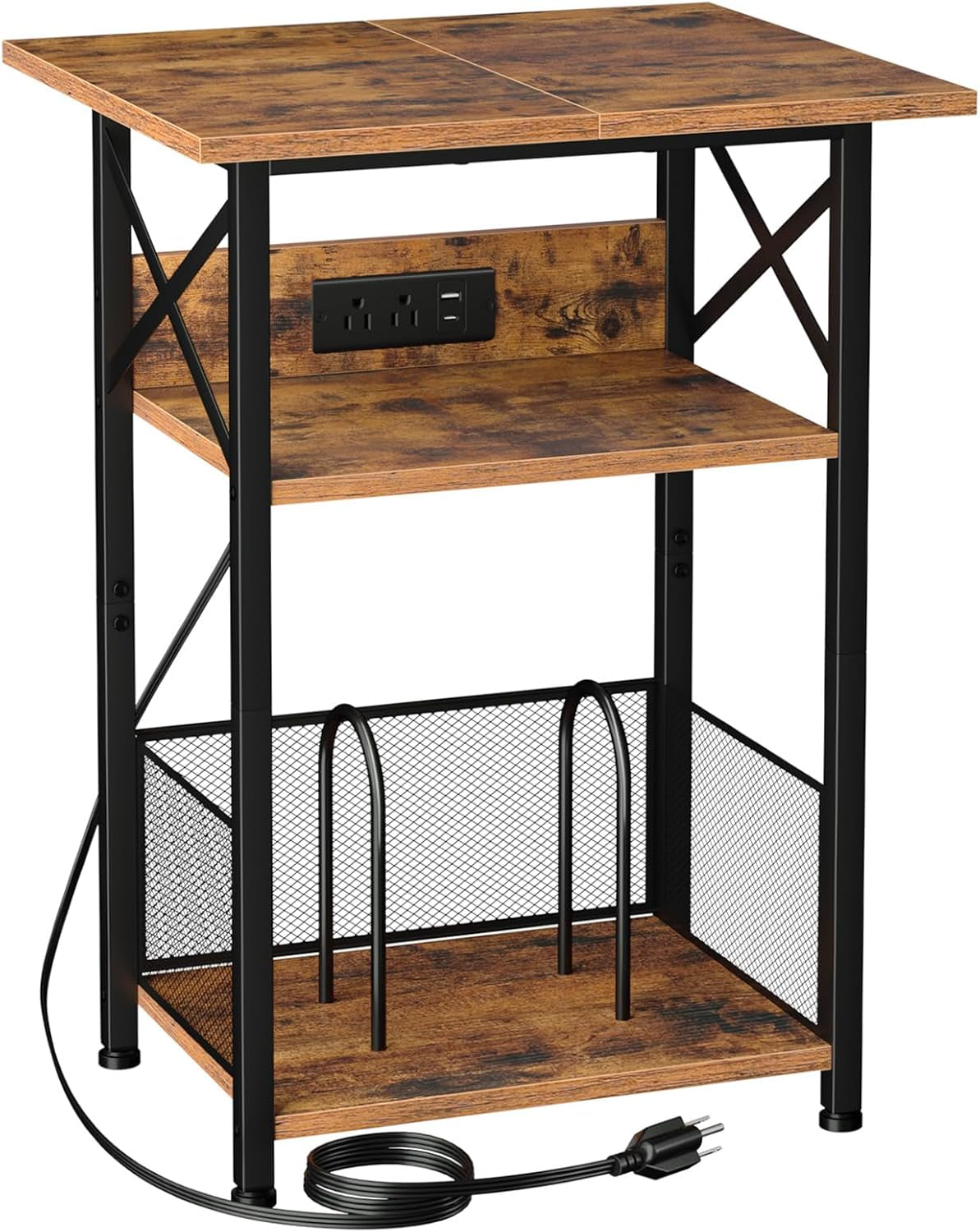 Record Player Stand with Charging Station, Large Turntable Stand with Storage Cabinet, 3 Tier End Table Hold up to 100 Albums, Record Stand for Vinyl, Living Room, Brown, HETCD012BR-1