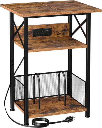 Record Player Stand with Charging Station, Large Turntable Stand with Storage Cabinet, 3 Tier End Table Hold up to 100 Albums, Record Stand for Vinyl, Living Room, Brown, HETCD012BR-1