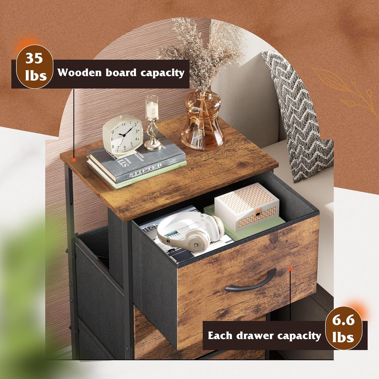 Dresser with 3 Drawers, Fabric Nightstand, Organizer Storage Dresser for Bedroom, Hallway, Entryway, Closets, Sturdy Steel Frame, Wood Top, Easy Pull Handle, Rustic Brown Wood Grain Print