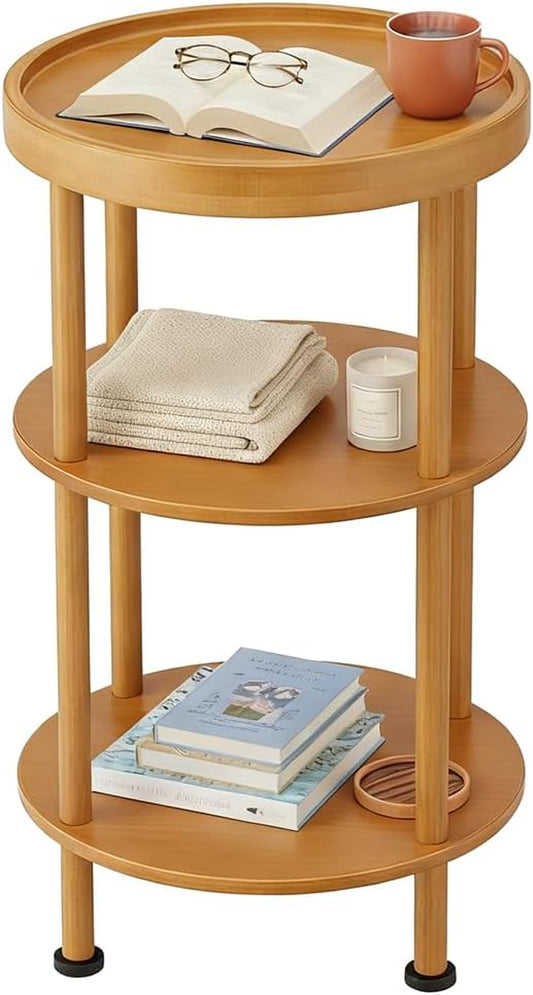 Bamboo Side Table, 3-Tier round End Table with Tray Top, Bathroom Storage Shelf & Plant Stand Indoor, Small Bedside Table Nightstand for Living Room, Bedroom-Brown