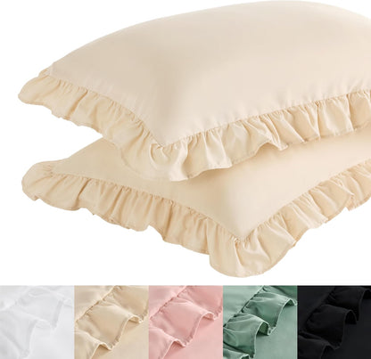 Bedsure Ruffle Pillow Cases, Pillow Shams King Size Set of 2, Double Brushed Microfiber, Decorative Ruffled Pillow Covers with Envelope Closure, Wrinkle Fade Resistant, 20" X 36", Beige