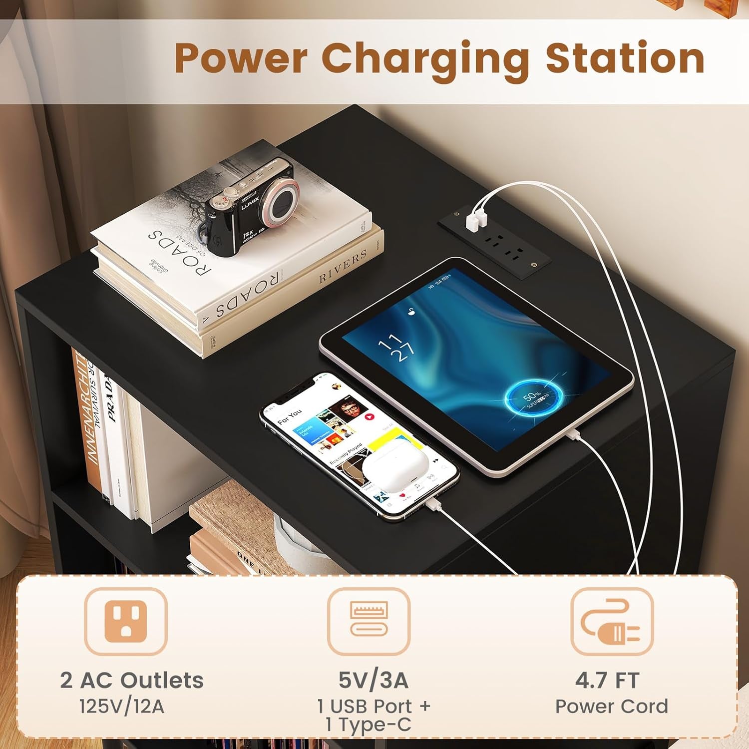 Record Player Stand, Turntable Side Table Nightstand W/Charging Station & Vinyl Record Storage Cabinet Holds up to 150 Albums, Record Player Holder for Living Room (Black, 31" H)