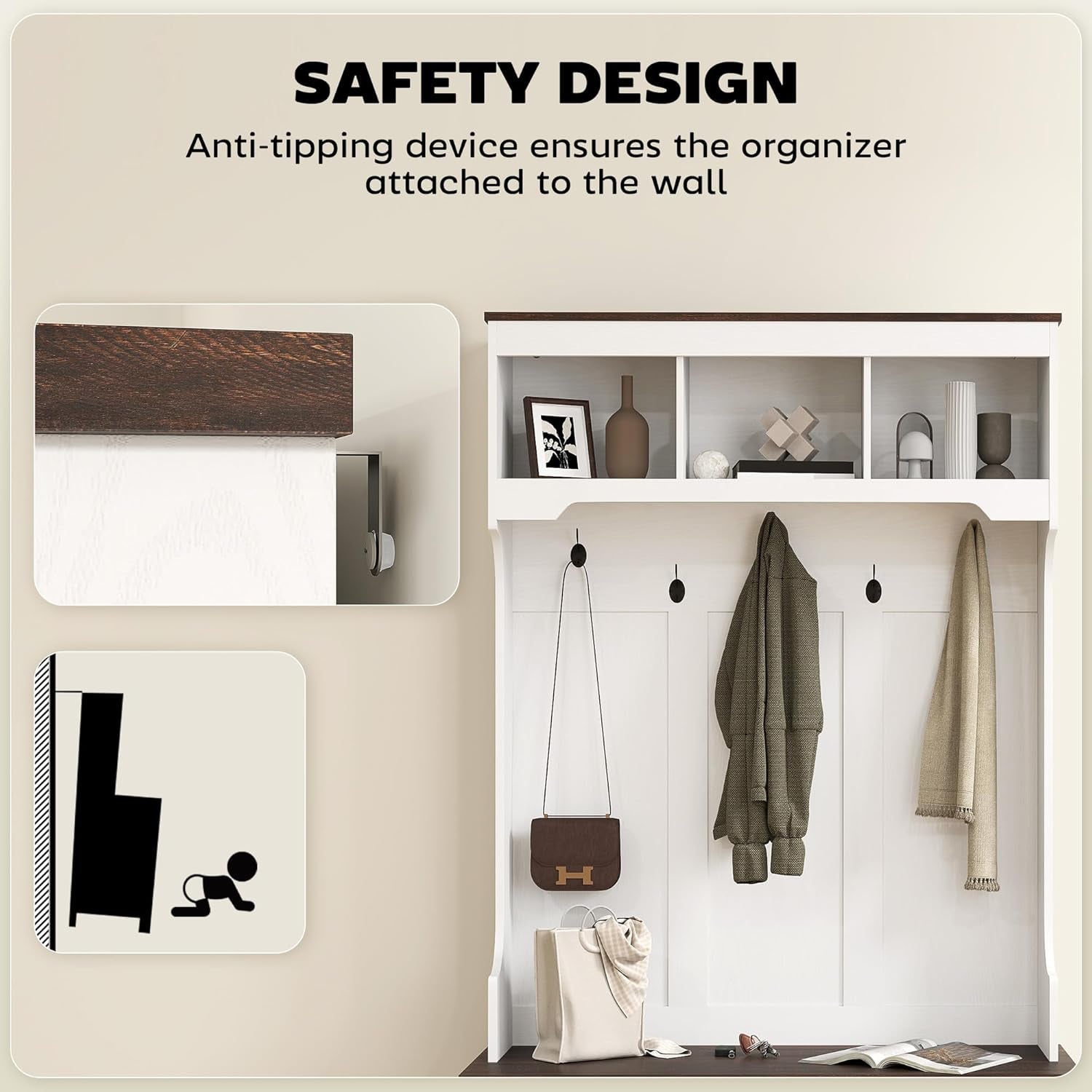 3-In-1 Hall Tree with Shoe Storage, Standing Coat Rack with Shoe Bench, Entryway Furniture with Five Hooks, White Wood Grain