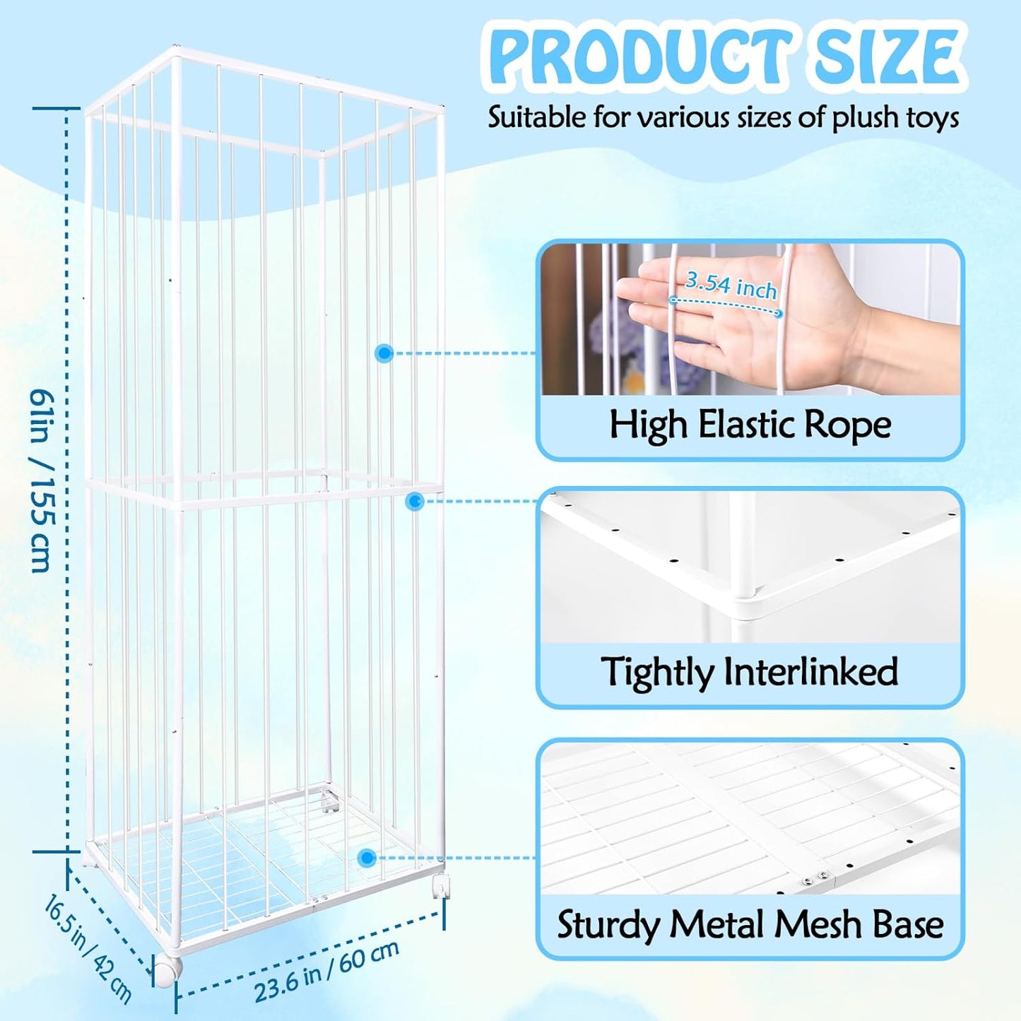 Stuffed Animal Storage, Metal Tube Extra Large Toy Storage Organizer with Brake Wheels, Stuffed Animal Holder Zoo Organizer for Nursery Playroom Kids Room White(61” X 23.6”X 16.5”)