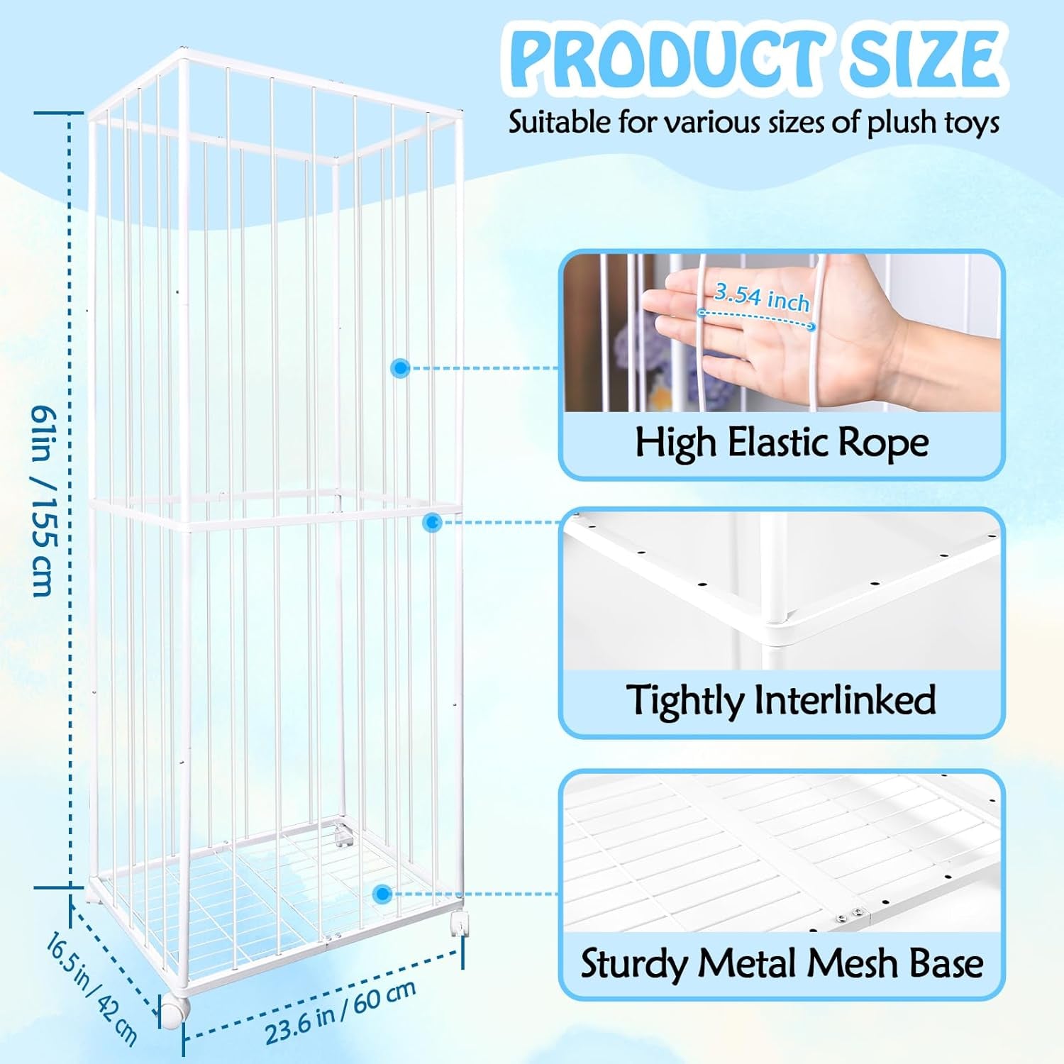 Stuffed Animal Storage, Metal Tube Extra Large Toy Storage Organizer with Brake Wheels, Stuffed Animal Holder Zoo Organizer for Nursery Playroom Kids Room White(61” X 23.6”X 16.5”)