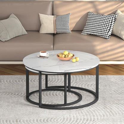 round Coffee Table Nesting Tables Set of 2, Large : Ø 33.5", Small : Ø 25.7", Modern Design Coffee Tables for Living Room, Metal Frame Circle Cocktail Table, High Glossy Faux White Marble