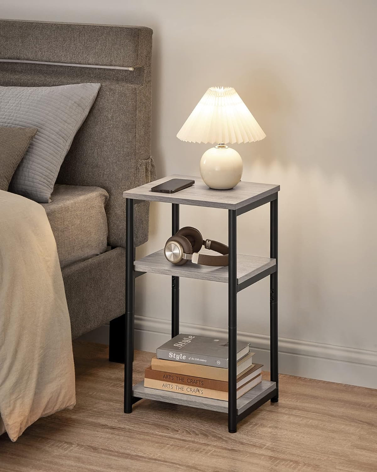 Side Table, Small End Table, Tall Nightstand for Living Room, Bedroom, Office, Bathroom, Greige and Classic Black ULET273B02