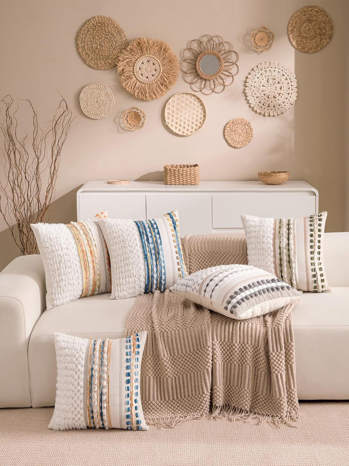 Boho Chenille Tufted Couch Throw Pillow Covers 18X18 Inch Set of 2 Farmhouse Striped Decorative Pillow Covers Accent Neutral Square Pillowcase Green Cushion Covers for Livingroom Sofa Bed