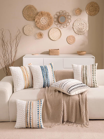 Boho Chenille Tufted Couch Throw Pillow Covers 18X18 Inch Set of 2 Farmhouse Striped Decorative Pillow Covers Accent Neutral Square Pillowcase Green Cushion Covers for Livingroom Sofa Bed